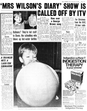 Page from the Daily Mirror headlined 'MRS WILSON'S DIARY' SHOW IS CALLED OFF BY ITV